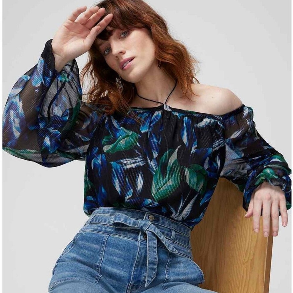 NWT White House Black Market Off Shoulder Cross Neck Elena Leaf Black blouse M